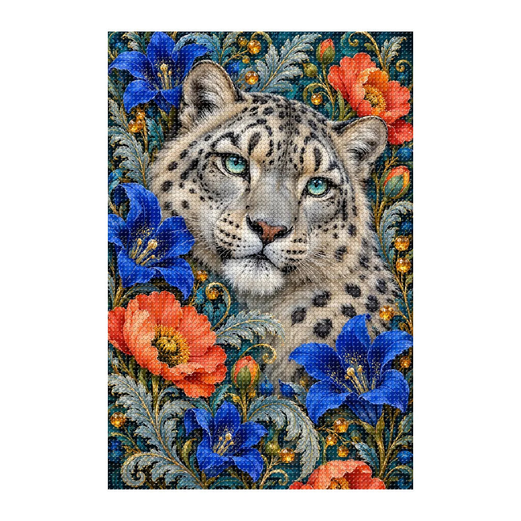 Finished white-background diamond painting of Snow Leopard Gentian Frame