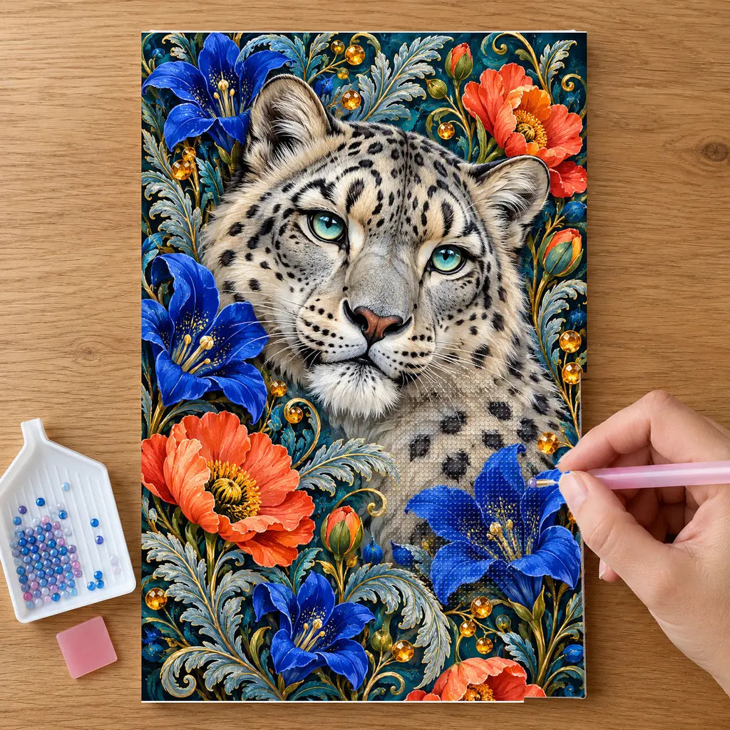 Hands placing drills on the Snow Leopard Gentian Frame diamond painting canvas