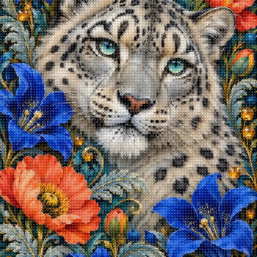 Close-up of sparkling drills on the Snow Leopard Gentian Frame design