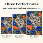 Snow Leopard Gentian Frame diamond painting in 20 by 30, 30 by 40, and 40 by 50 centimeter sizes