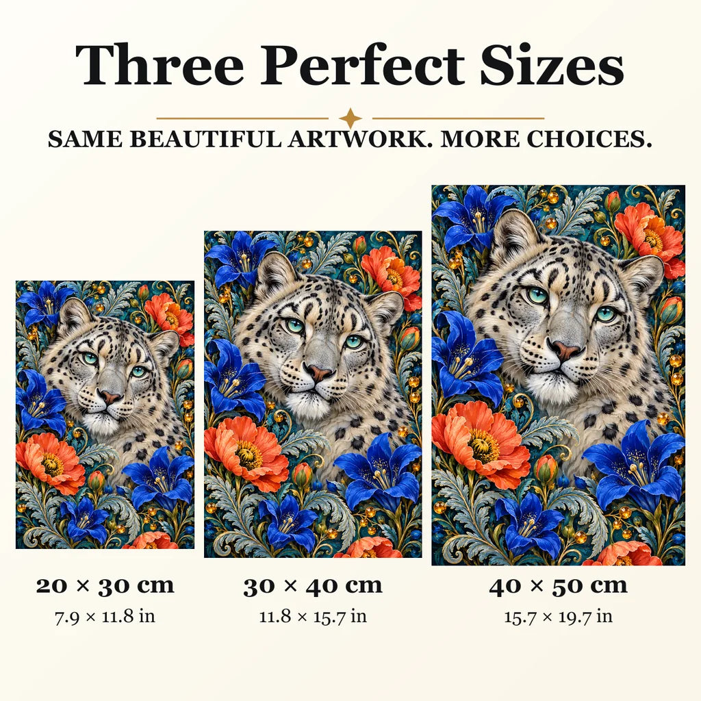 Snow Leopard Gentian Frame diamond painting in 20 by 30, 30 by 40, and 40 by 50 centimeter sizes