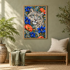 Framed Snow Leopard Gentian Frame diamond painting displayed in a home interior