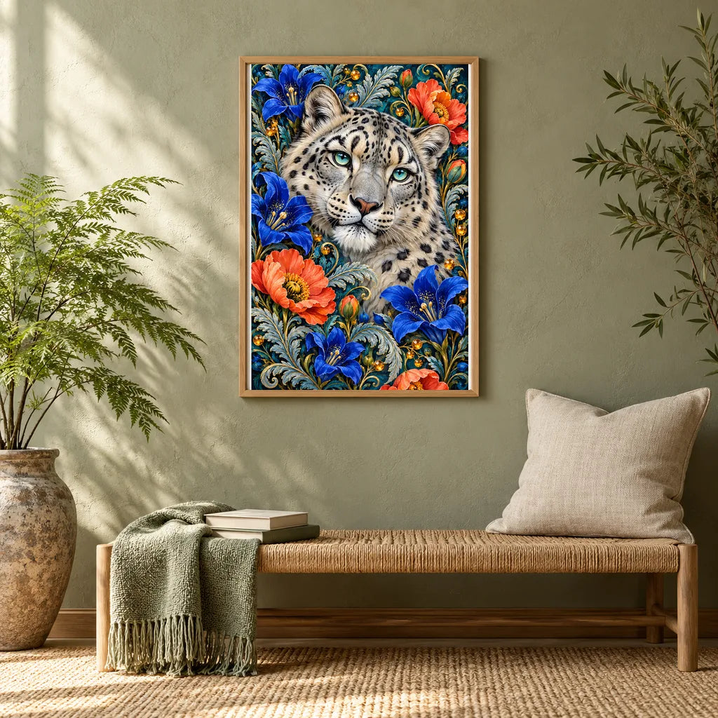 Framed Snow Leopard Gentian Frame diamond painting displayed in a home interior