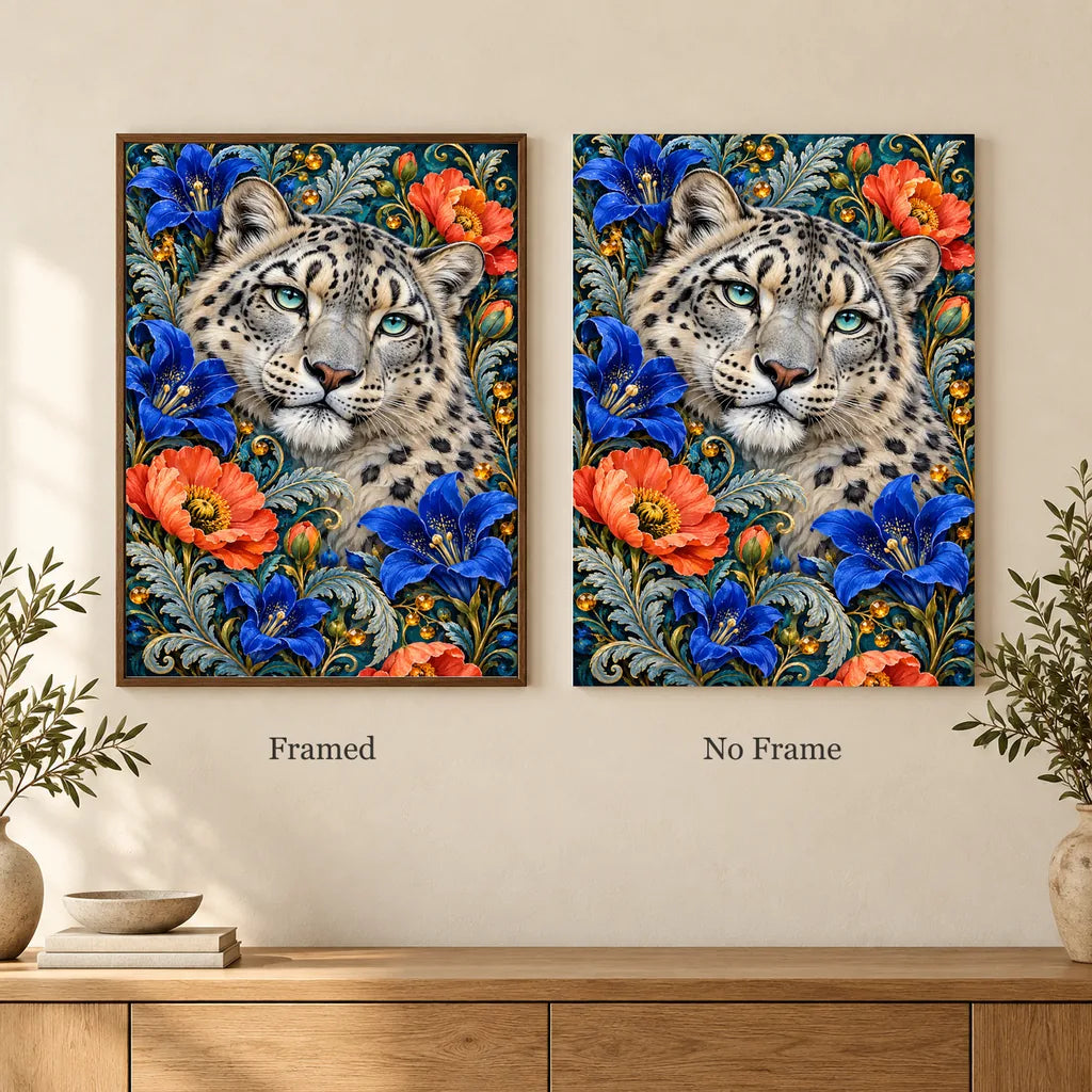 Framed and no-frame options for the Snow Leopard Gentian Frame diamond painting