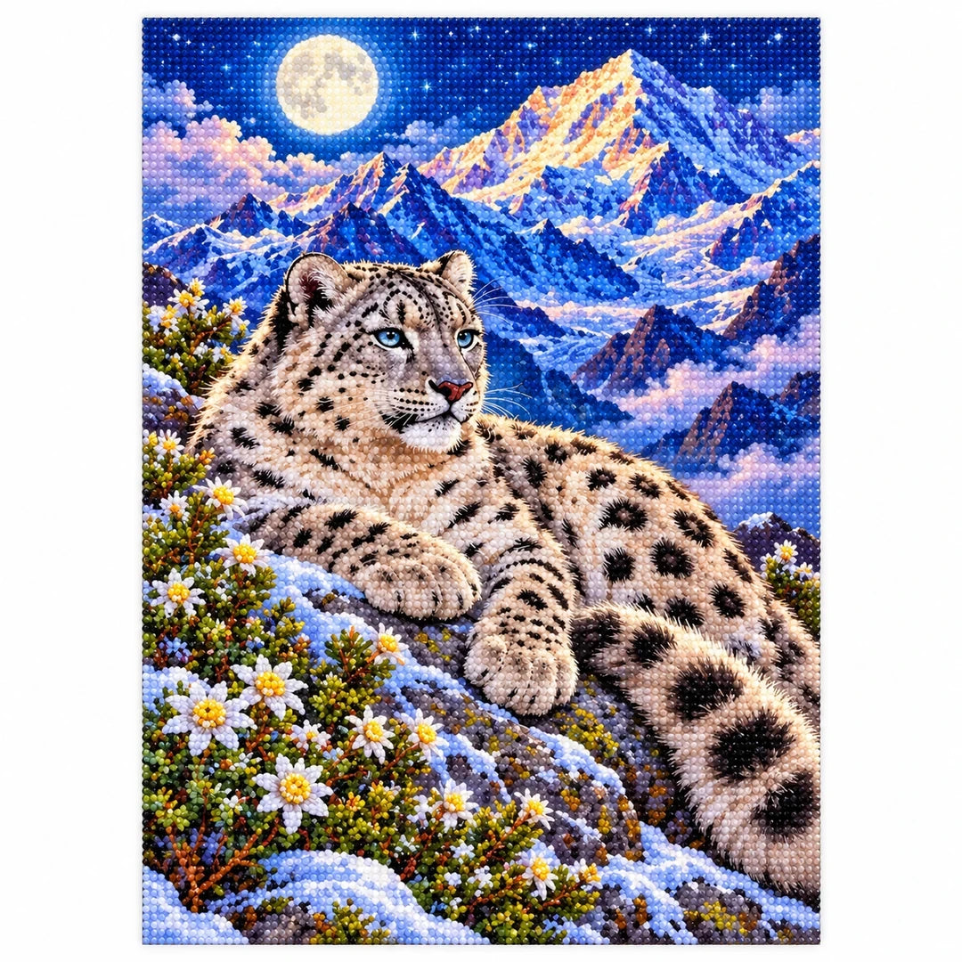Snow Leopard Himalayan Moon Diamond Painting Kit — finished diamond painting on white background