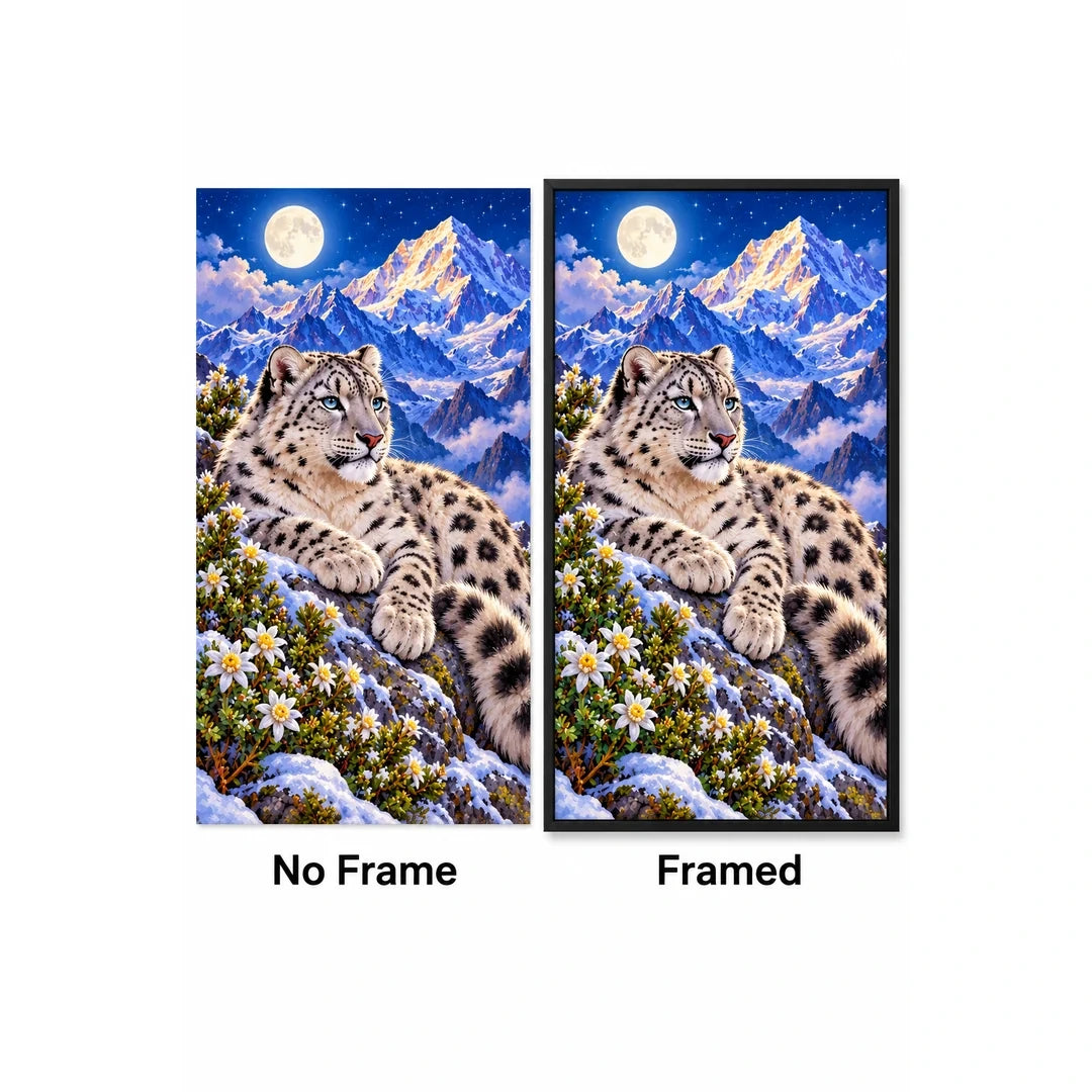 Snow Leopard Himalayan Moon Diamond Painting Kit — No Frame and Framed style comparison