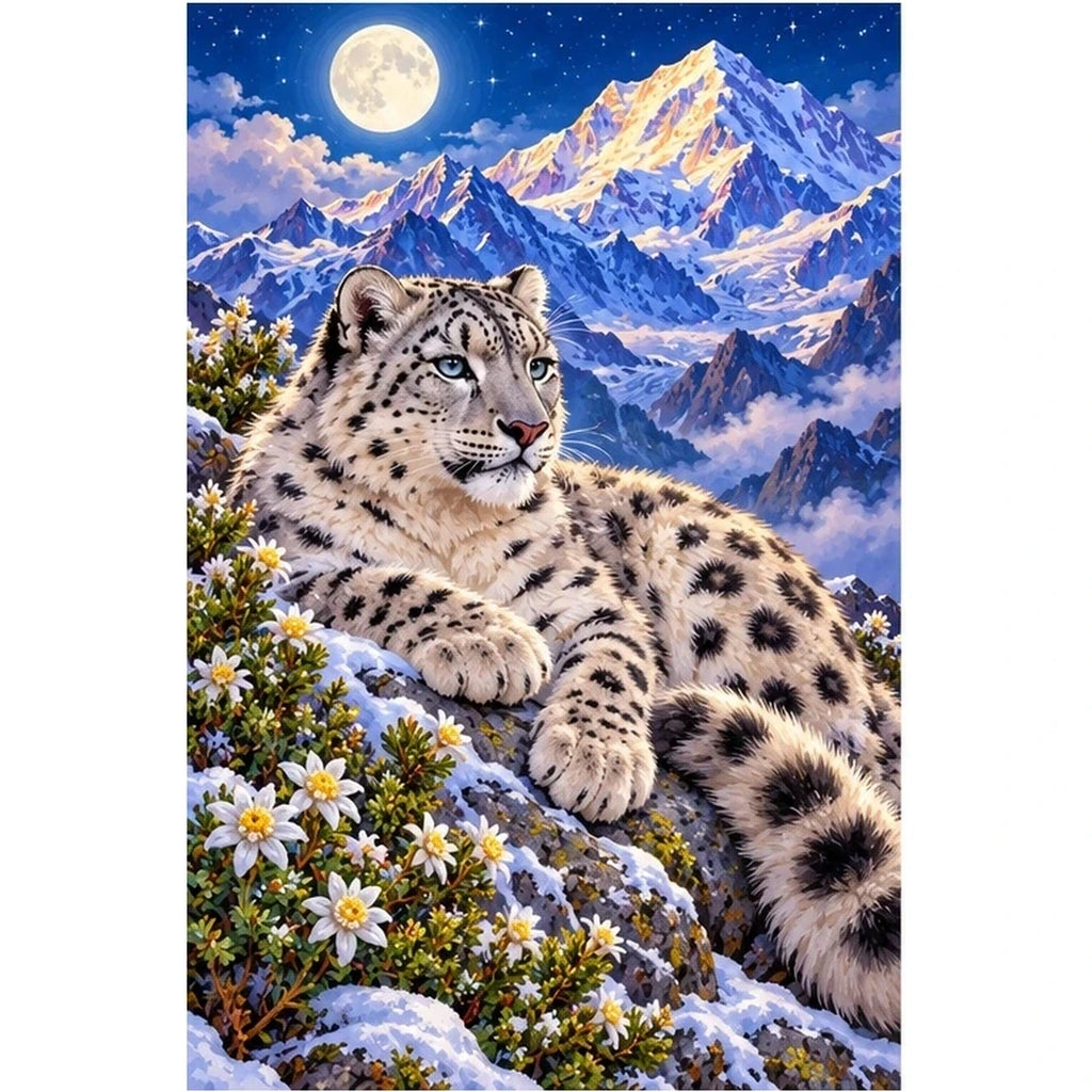 Snow Leopard Himalayan Moon Diamond Painting Kit — original white-background artwork
