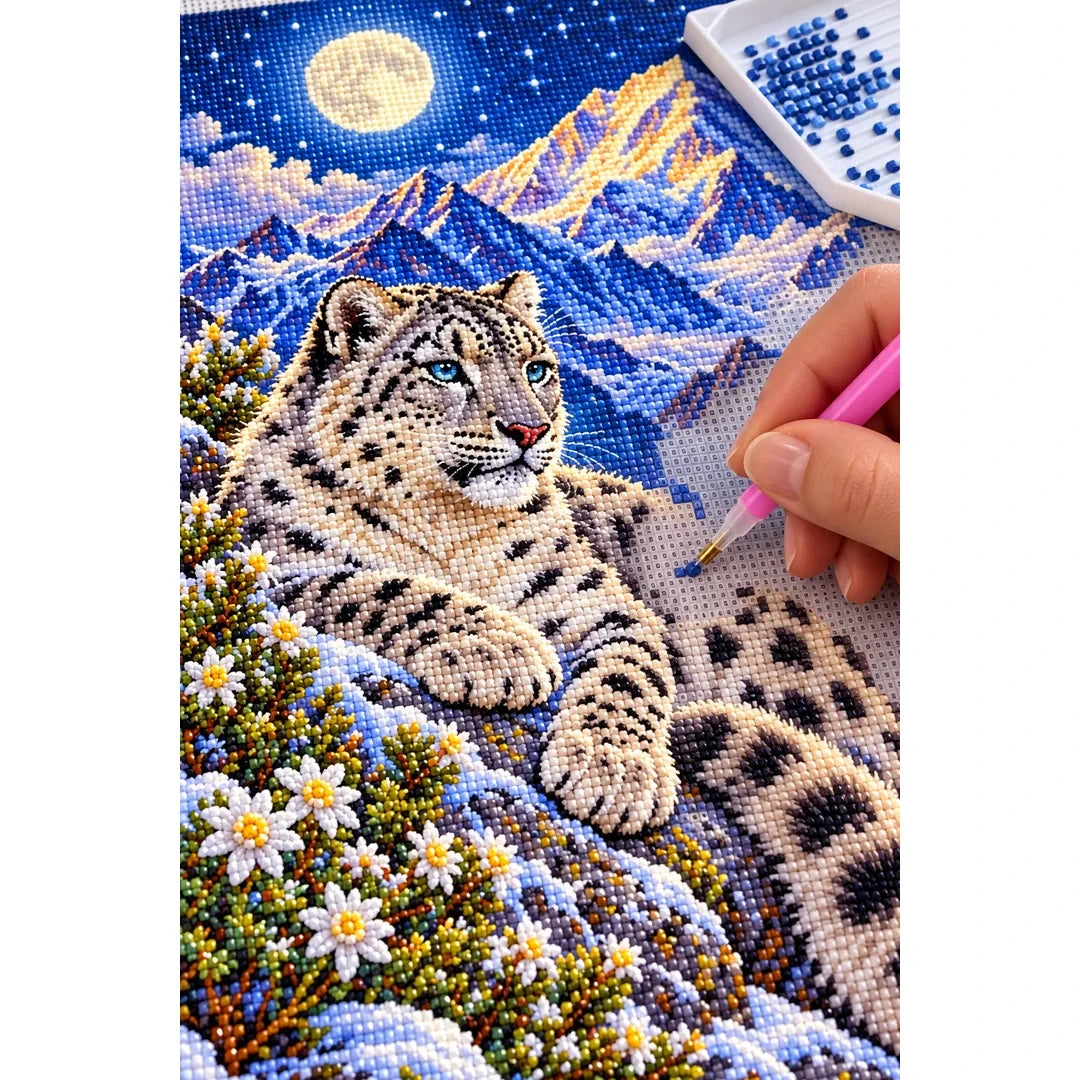Snow Leopard Himalayan Moon Diamond Painting Kit — diamond painting application process