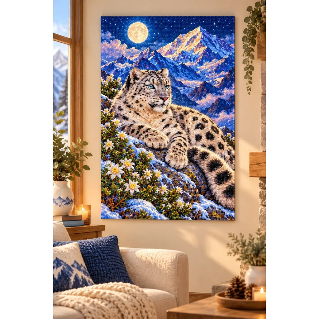 Snow Leopard Himalayan Moon Diamond Painting Kit — finished diamond painting in a home setting