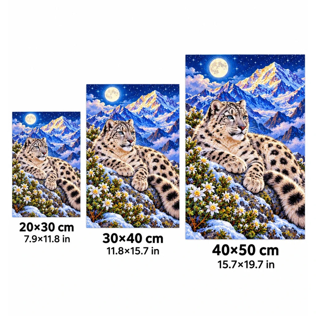 Snow Leopard Himalayan Moon Diamond Painting Kit — 20 by 30, 30 by 40, and 40 by 50 centimeter size guide