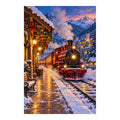 White-background original artwork of a glowing red steam train arriving at a snowy station at night for a diamond painting kit