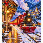 White-background finished diamond painting of a glowing red steam train arriving at a snowy station at night with sparkling drills