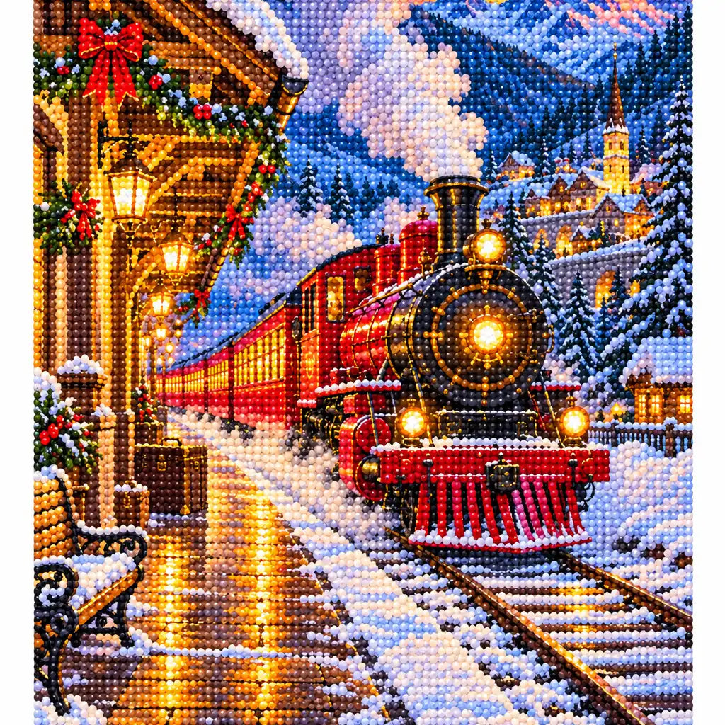 White-background finished diamond painting of a glowing red steam train arriving at a snowy station at night with sparkling drills