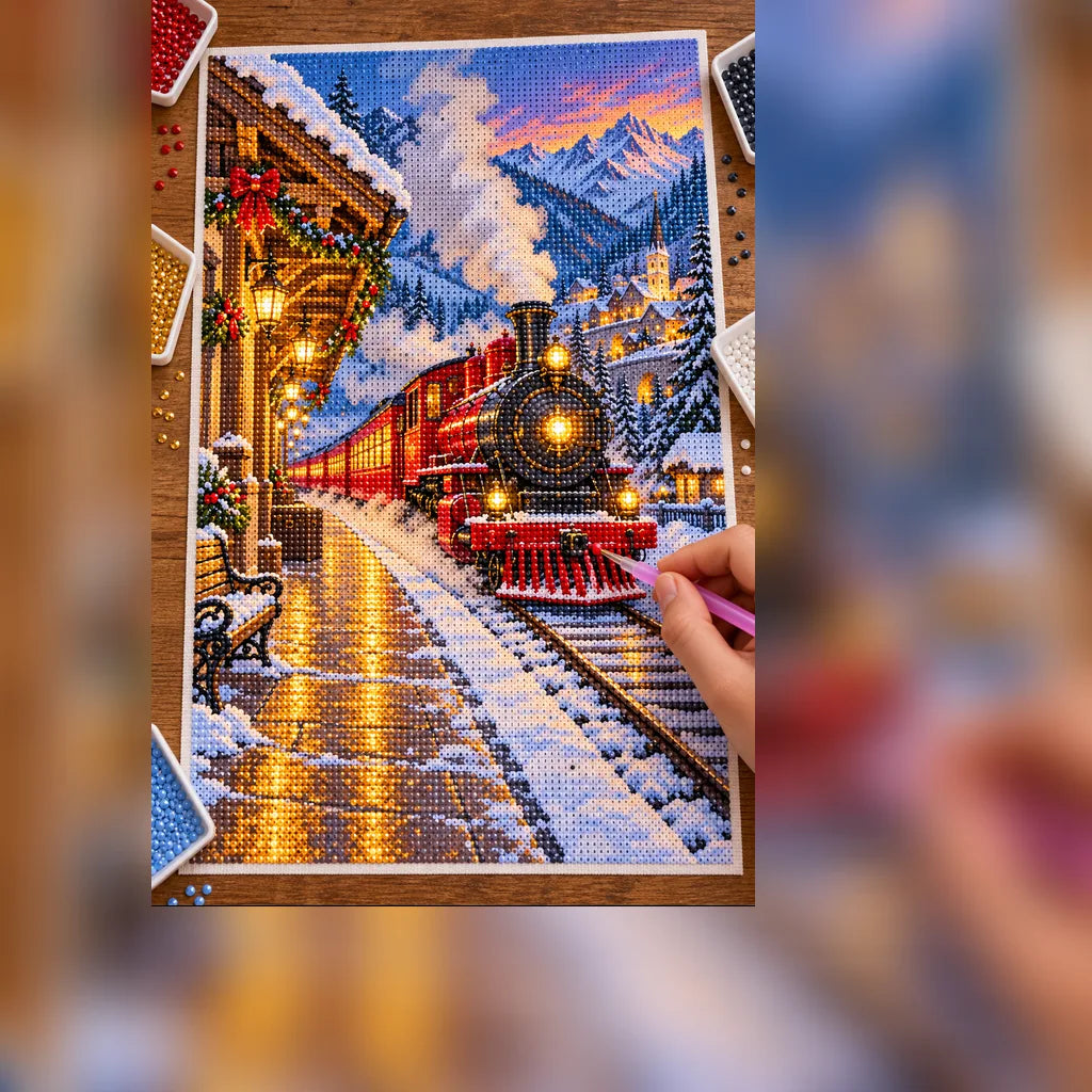 Diamond painting process showing a glowing red steam train arriving at a snowy station at night being completed with a stylus