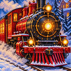 Close-up diamond drill detail of a glowing red steam train arriving at a snowy station at night artwork