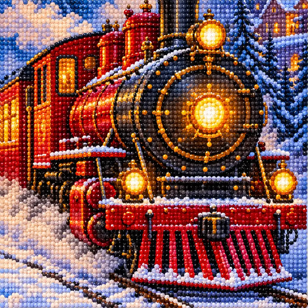 Close-up diamond drill detail of a glowing red steam train arriving at a snowy station at night artwork