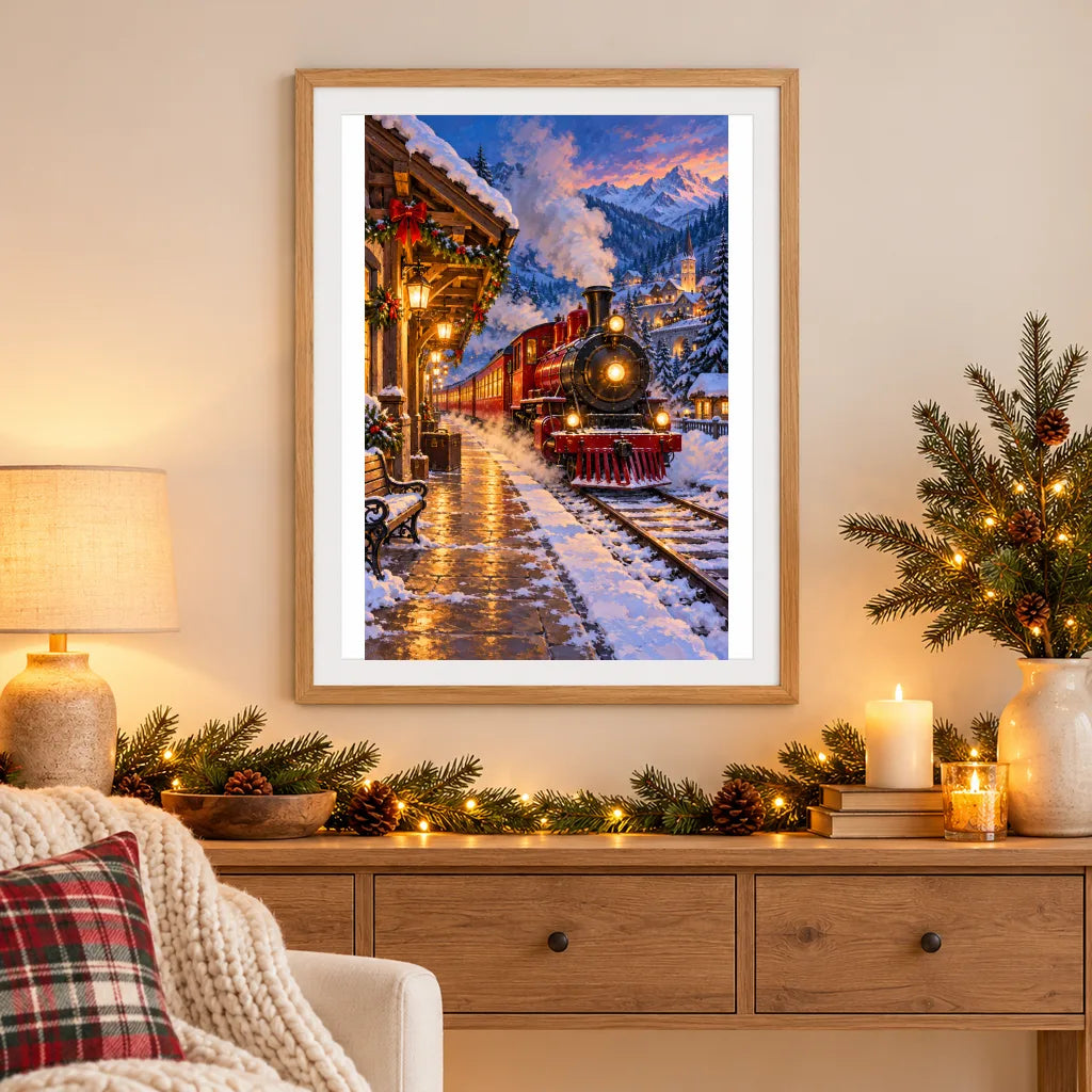 Framed a glowing red steam train arriving at a snowy station at night diamond painting displayed as home decor