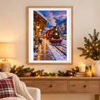 Framed a glowing red steam train arriving at a snowy station at night diamond painting displayed as home decor