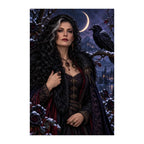 Original design of a winter enchantress beside a black raven beneath a crescent moon.
