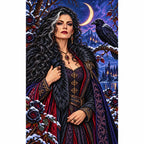 Finished diamond painting of a raven and enchantress in a snowy scene.
