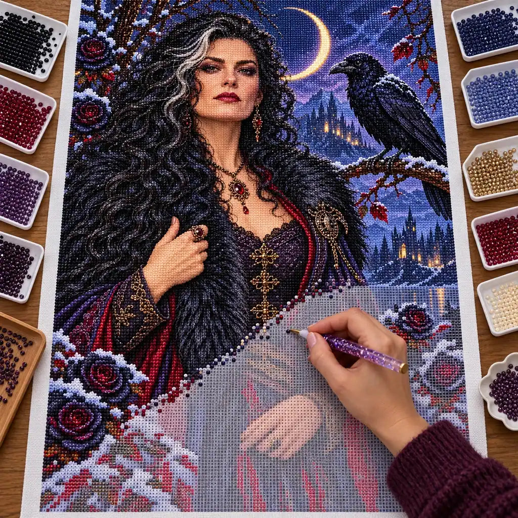 Hand placing drills on the snow raven enchantress canvas.