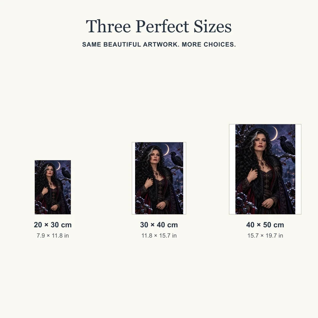 Three size options for the Snow Raven Enchantress diamond painting kit.