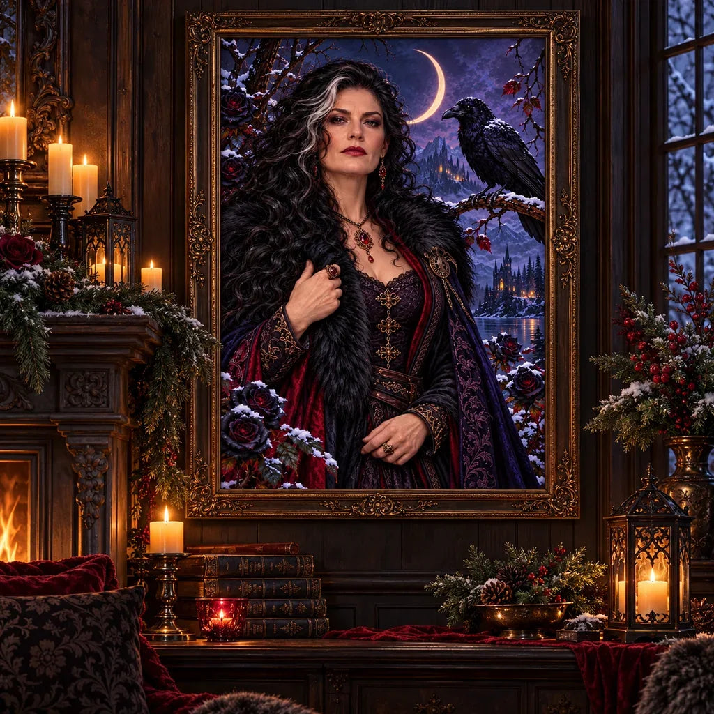 Framed Snow Raven Enchantress artwork displayed in a warmly lit room.