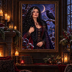 Framed Snow Raven Enchantress artwork displayed in a warmly lit room.