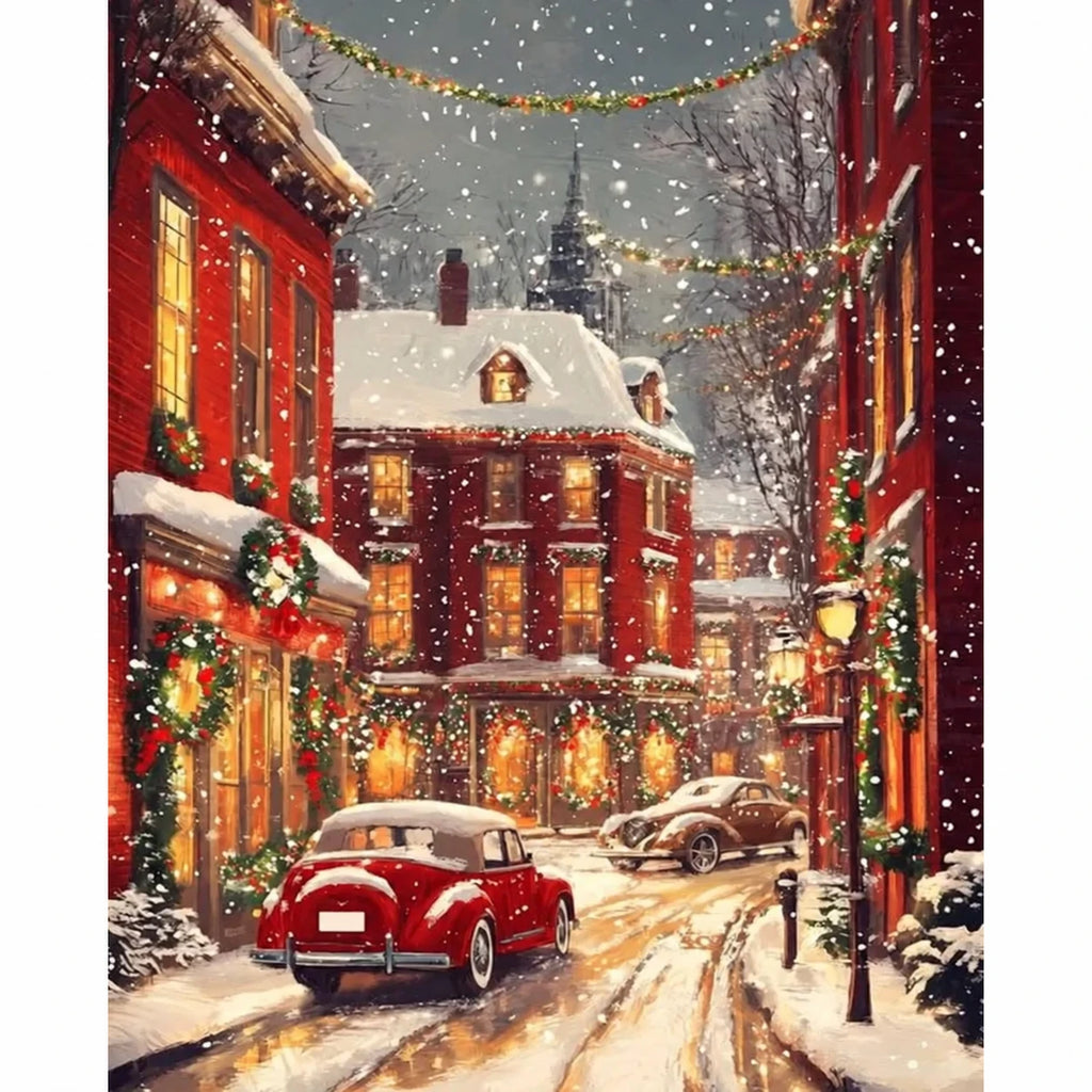 Original artwork showing snowfall on crimson lane.