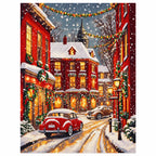 Finished diamond painting of snowfall on crimson lane.