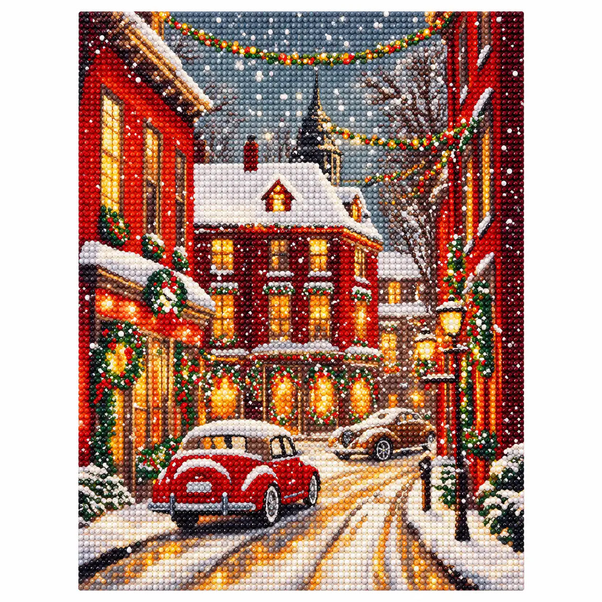 Finished diamond painting of snowfall on crimson lane.