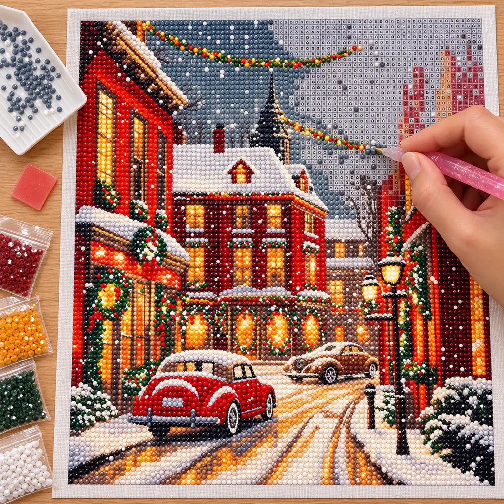 Diamond painting process for snowfall on crimson lane.