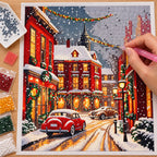 Diamond painting process for snowfall on crimson lane.