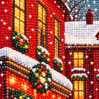 Close-up of diamond drill details in snowfall on crimson lane.