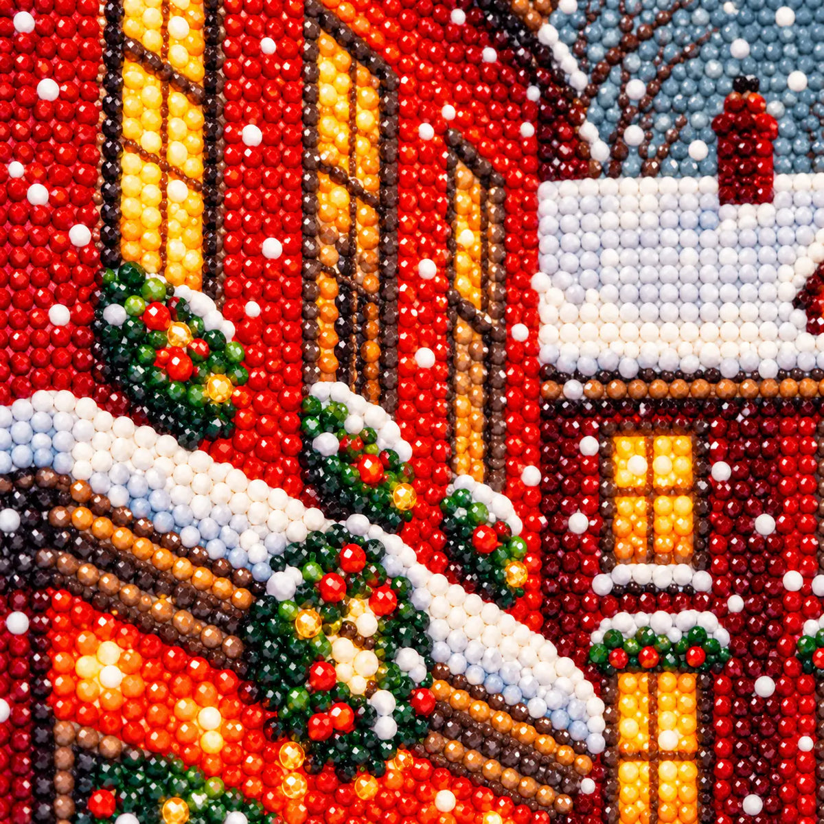 Close-up of diamond drill details in snowfall on crimson lane.