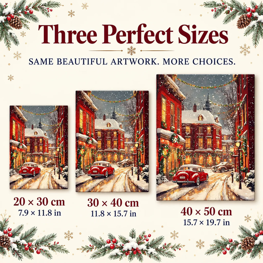 Size guide for Snowfall On Crimson Lane Diamond Painting Kit: 20 × 30 cm, 30 × 40 cm, and 40 × 50 cm.