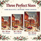 Size guide for Snowfall On Crimson Lane Diamond Painting Kit: 20 × 30 cm, 30 × 40 cm, and 40 × 50 cm.