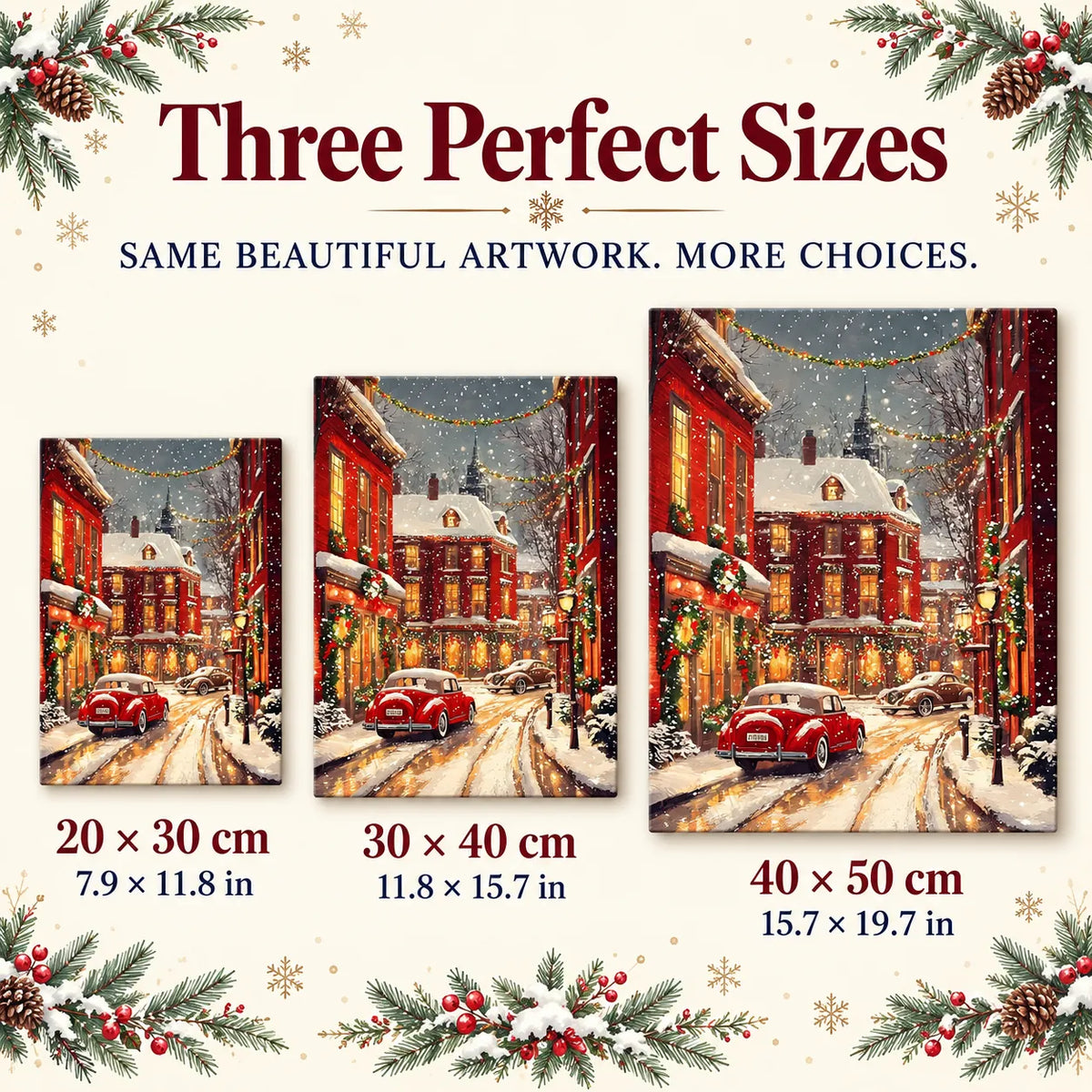Size guide for Snowfall On Crimson Lane Diamond Painting Kit: 20 × 30 cm, 30 × 40 cm, and 40 × 50 cm.