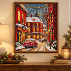 Home decor scene showing snowfall on crimson lane displayed on a wall.