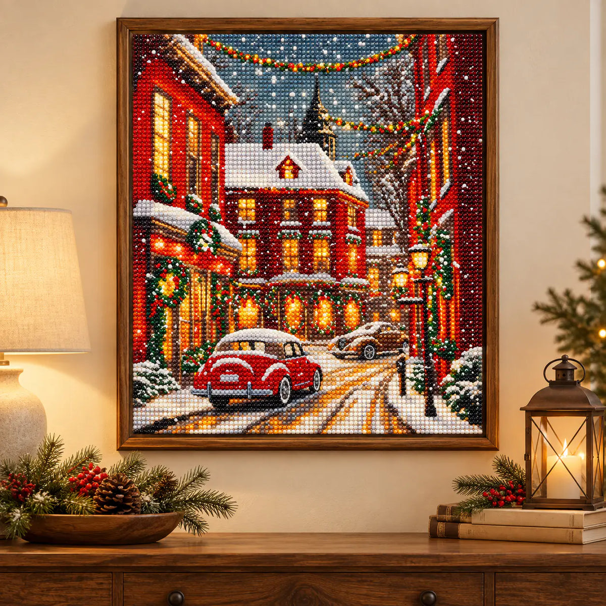 Home decor scene showing snowfall on crimson lane displayed on a wall.
