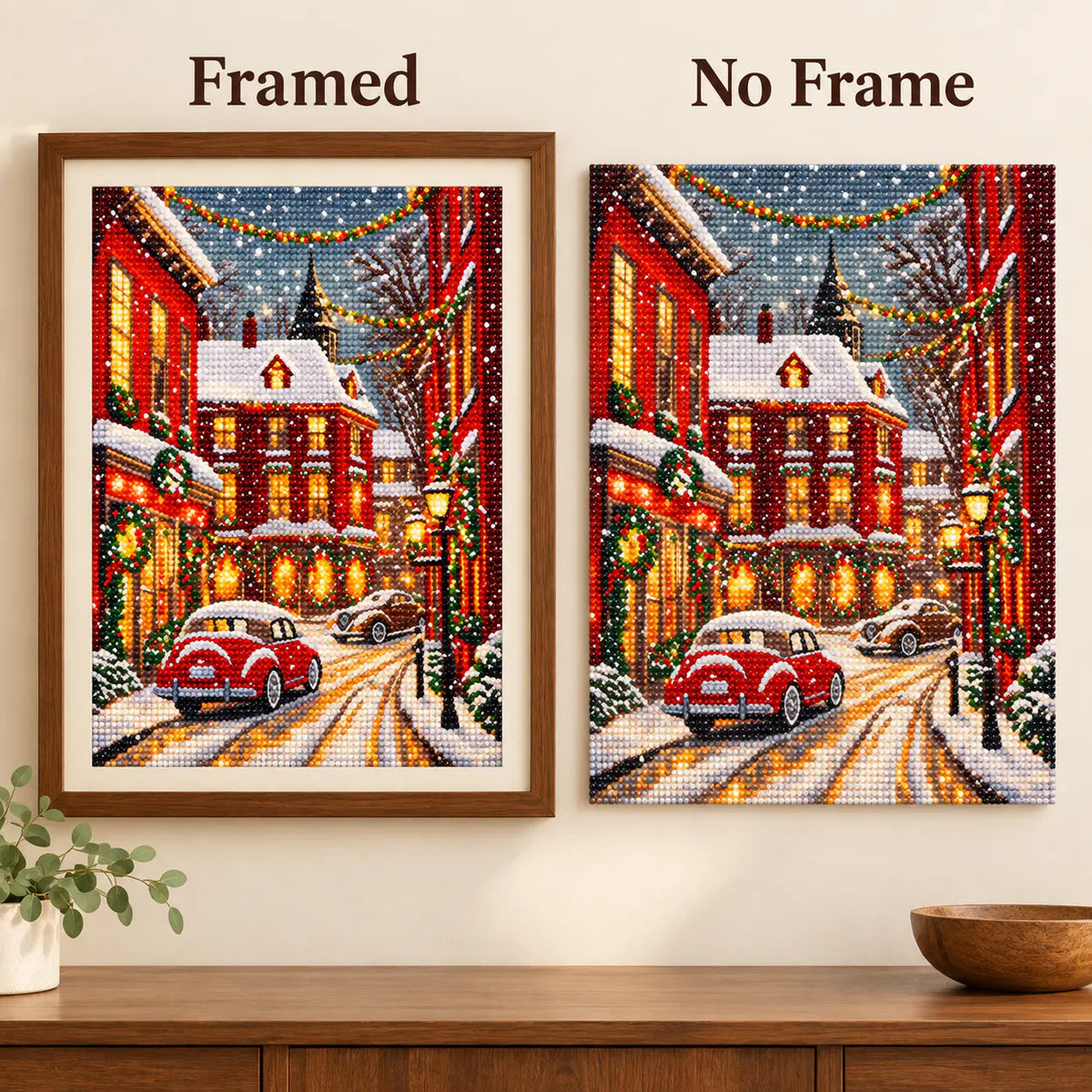 Framed and no-frame comparison for Snowfall On Crimson Lane Diamond Painting Kit.