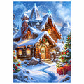 Original artwork showing snowfall over christmas village.
