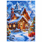 Finished diamond painting of snowfall over christmas village.