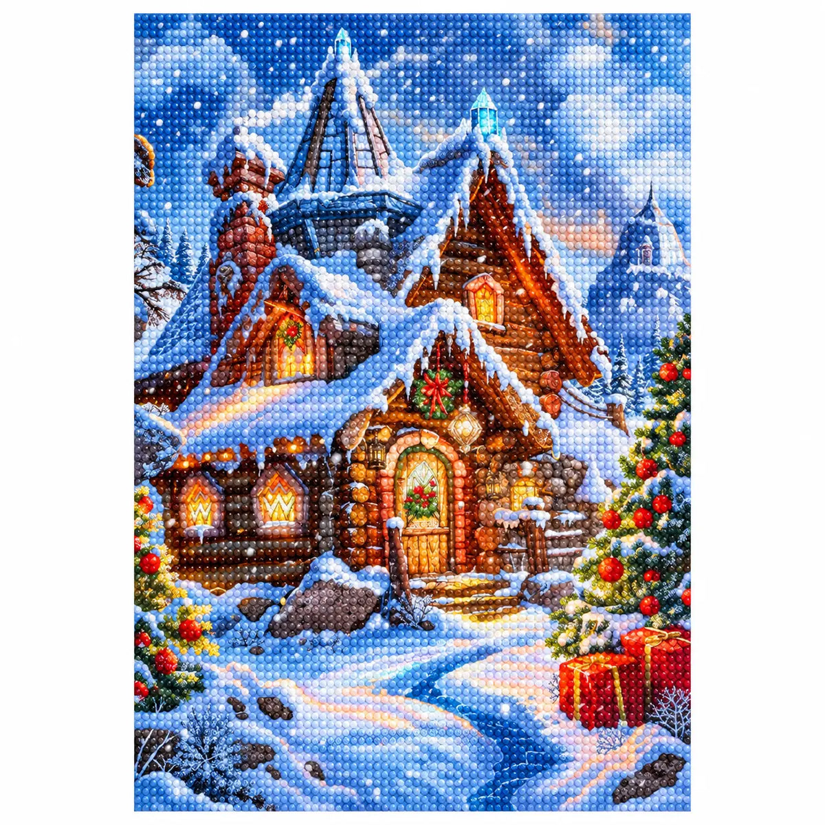Finished diamond painting of snowfall over christmas village.