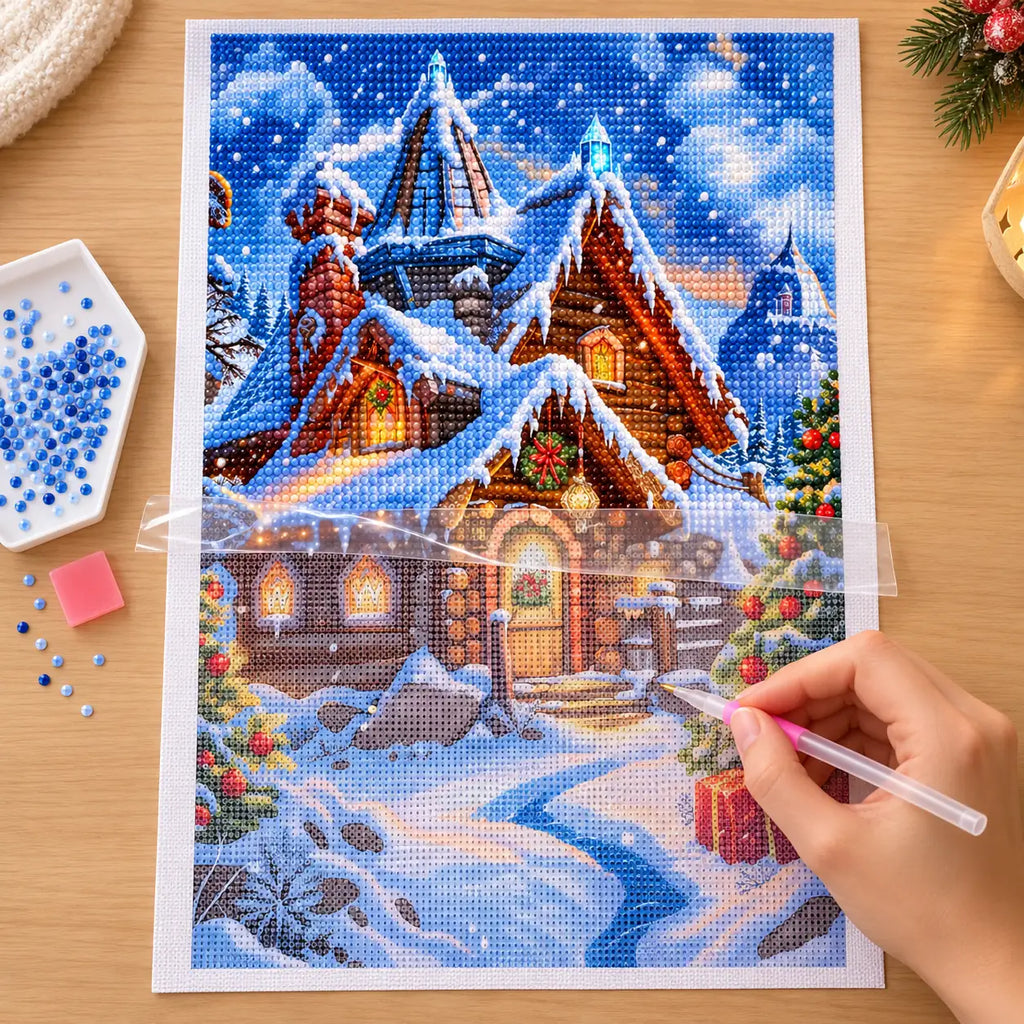 Diamond painting process for snowfall over christmas village.