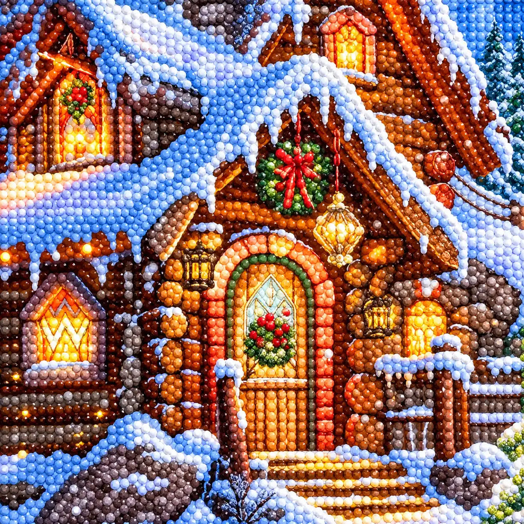 Close-up of diamond drill details in snowfall over christmas village.