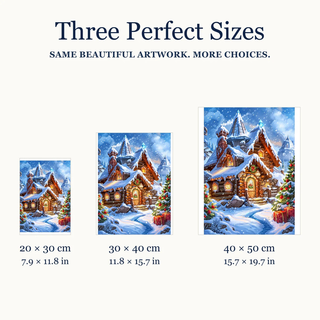 Size guide for Snowfall over Christmas Village Diamond Painting Kit: 20 × 30 cm, 30 × 40 cm, and 40 × 50 cm.
