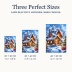 Size guide for Snowfall over Christmas Village Diamond Painting Kit: 20 × 30 cm, 30 × 40 cm, and 40 × 50 cm.