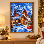 Home decor scene showing snowfall over christmas village displayed on a wall.