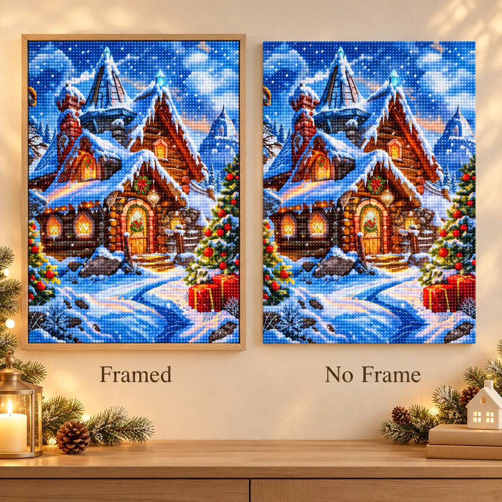 Framed and no-frame comparison for Snowfall over Christmas Village Diamond Painting Kit.